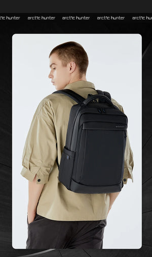 ARCTIC HUNTER expandable waterproof travel backpack, black, side view with shoulder straps