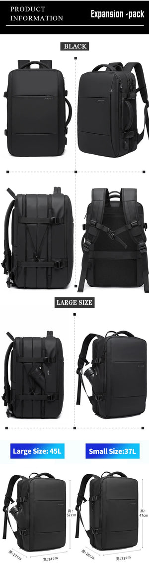 Expandable travel backpack product view: black backpack with removable/adjustable straps