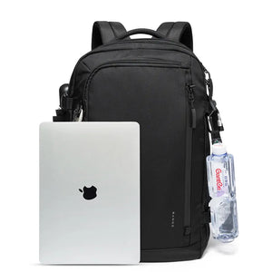 Black travel backpack with front zip pocket and side clips; water bottle pouch
