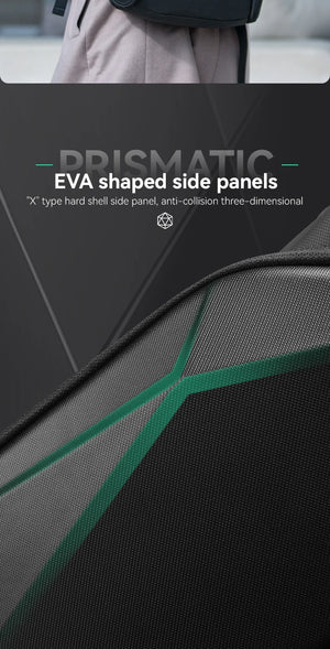 Close-up of black backpack EVA side panels with green trim stitching