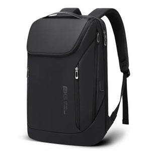 Black waterproof travel backpack front view with curved pocket and zip closures