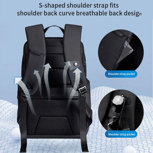 Black waterproof travel backpack with padded adjustable shoulder straps and front pockets