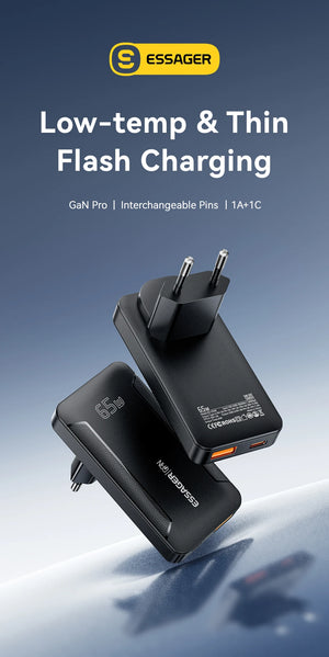 ESSAGER 65W Ultra Thin GaN Pro Travel USB Charger with Quick Charge 4.0 and PD3.0 - Black