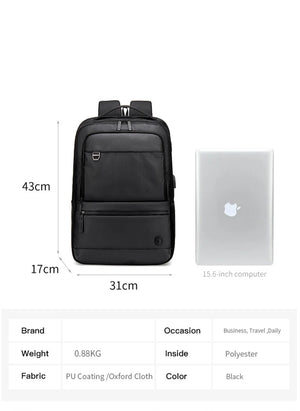 Black backpack with top handle, front zip pocket, and slim laptop sleeve