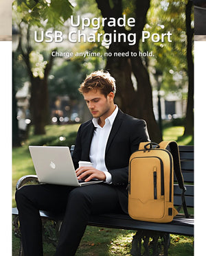 Yellow and black compact waterproof backpack on bench with USB charging port
