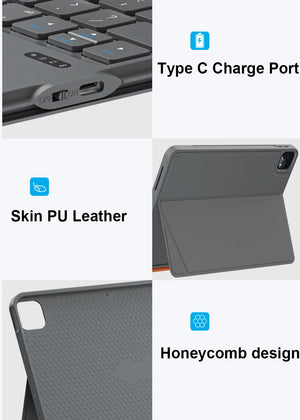 Gray keyboard case detail view: Type-C charging port and honeycomb back