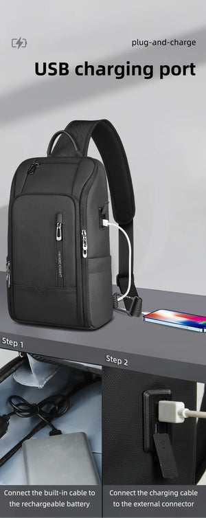 Black crossbody bag with built-in USB charging port and cable connection