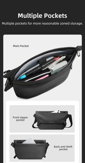 Black crossbody bag interior with main compartment, front zipper pocket, and anti-theft back pocket.