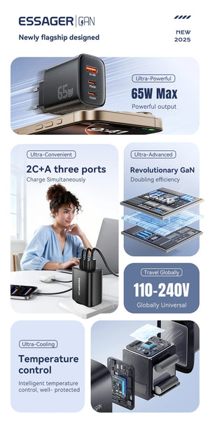 ESSAGER 65W GaN USB-C Charger with Quick Charge 4.0 and Power Delivery - Black