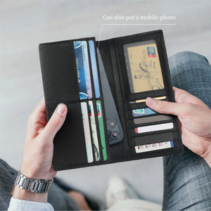 Black leather long wallet open with card slots and ID windows, phone sleeve