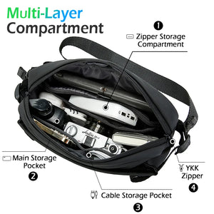 Waterproof sling bag interior with multiple compartments and front zipper storage pocket