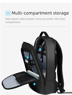 Black lightweight waterproof backpack with open front showing main and back compartments