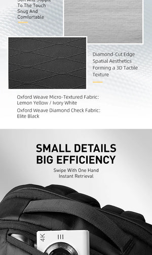 Compact laptop backpack top handle and textured fabric with stitched seams
