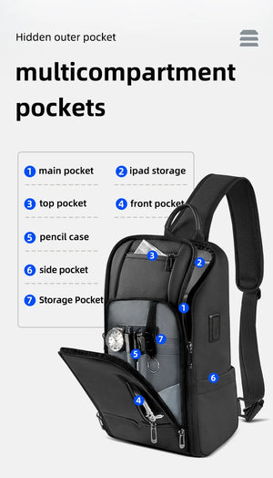 Black crossbody bag with multiple compartments and front zip pocket