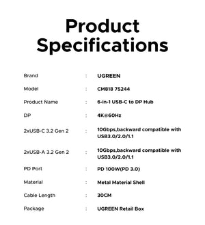 Product specifications for a UGREEN 6-in-1 USB-C to DP Hub on a white background