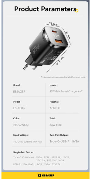 ESSAGER 33W GaN USB Charger with Digital Display and PD Fast Charging - Black