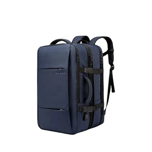 Navy blue backpack with front pocket, top handle, and side straps