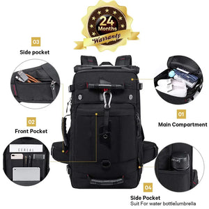 Black waterproof hiking backpack with main compartment, front pocket, and side pocket