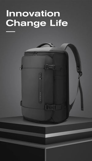 Waterproof business travel backpack with front zip pocket, top handle, and shoulder straps