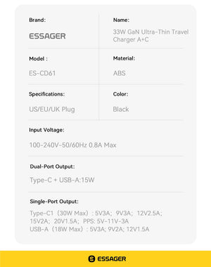 ESSAGER 65W Ultra Thin GaN Pro Travel USB Charger with Quick Charge 4.0 and PD3.0 - Black