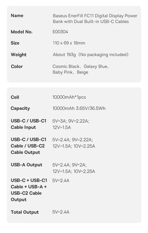 BASEUS EnerFill FC11 Digital Display Power Bank with Built-In Cable