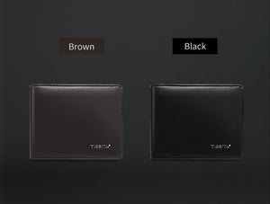 Men’s PU leather bi-fold wallets: brown and black, each with Tigernu logo