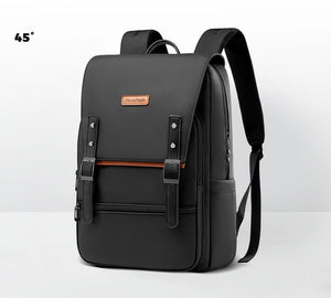 Black commuter backpack side-front view with adjustable shoulder strap