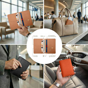 Brown leather RFID passport wallet held in hand, front flap and card slots visible