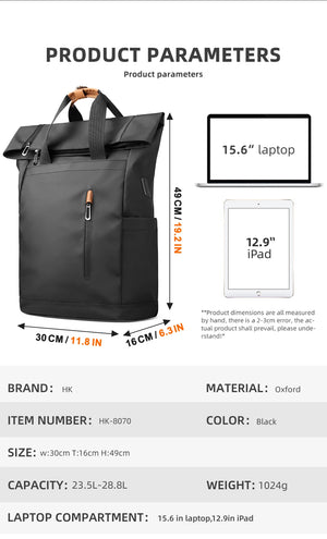 Black expandable roll-top travel backpack with 15.6-inch laptop compartment capacity
