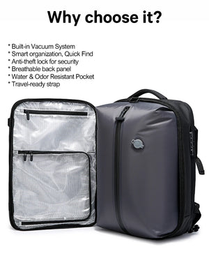 Black travel backpack with one mesh pocket panel and a separate side compartment