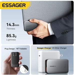 ESSAGER 65W Ultra Thin GaN Travel USB Charger with Quick Charge 4.0, PD3.0 - Black