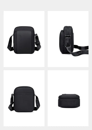 Black compact waterproof messenger bag set of views: front zip, side strap, top handle