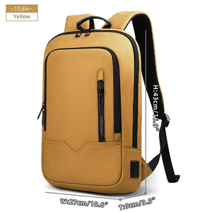 Yellow compact waterproof backpack with front pocket, side strap, and USB port panel