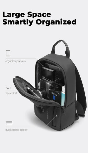 Sling bag interior organizer with zip pocket and quick-access pocket in dark gray.