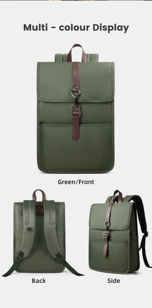 Green backpack view: front flap, side panel pocket, and adjustable shoulder straps
