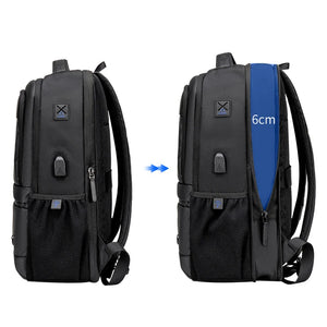 Black expandable travel backpack with zip side panel and padded shoulder straps