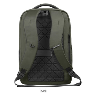 Green backpack back view with quilted back panel and padded shoulder straps