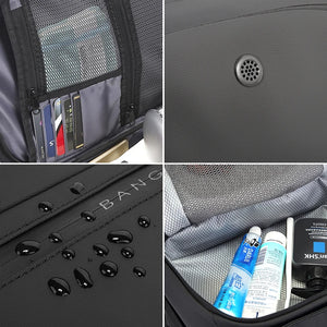 Waterproof backpack close-up: mesh pocket for cards, textured fabric, and padded interior storage