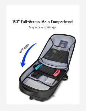 Black backpack open showing full-access main compartment with elastic tech slots