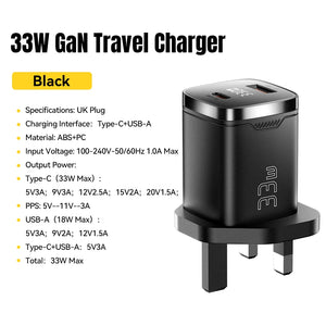 ESSAGER 33W GaN USB Charger with Digital Display and PD Fast Charging - Black