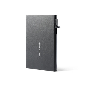 Silver aluminum pop-up RFID card holder with flip-out latch, slim front view