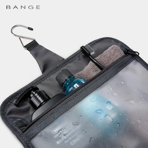 Gray waterproof toiletries organizer pouch with zip front pocket and elastic slots