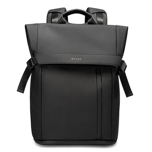 Black waterproof travel backpack with top handle and front zip pocket panel.