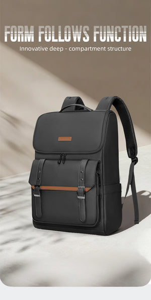 Black commuter backpack with top handle, flap closure, and side buckle strap details