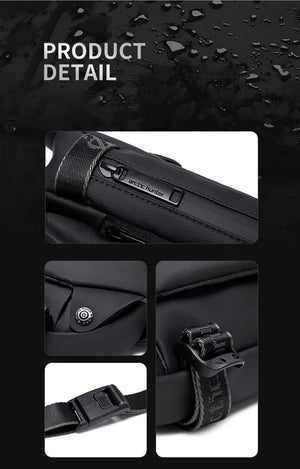 Black waterproof crossbody bag detail: zipper pull, logo patch, and strap clips.