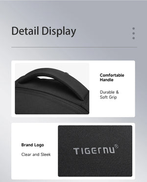 Black backpack handle with durable soft-grip top and TIGERNU logo patch