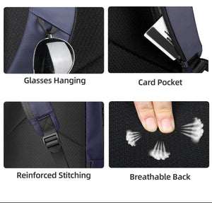 Navy commuter backpack feature details: glasses hanging, card pocket, reinforced stitching
