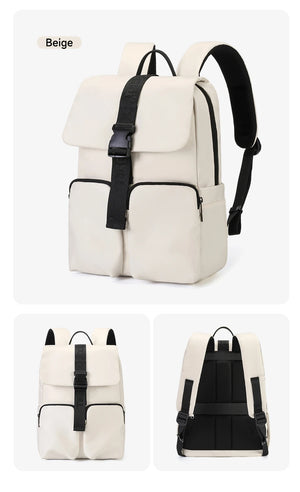 Beige compact commuter backpack with top flap, front pocket, and adjustable shoulder straps