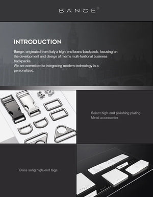 BANGE® backpack accessory feature collage with metal hardware and tags