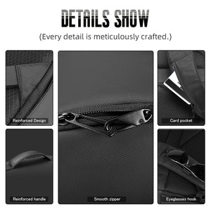 Black backpack detail: smooth zipper, card pocket, and eyeglasses hook